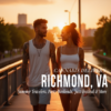 Young fit couple with tattoos walking hand-in-hand on a Richmond, Virginia bridge at sunset. Woman smoking a cannabis joint. Cannabis lifestyle imagery for Exotic Blooms RVA.