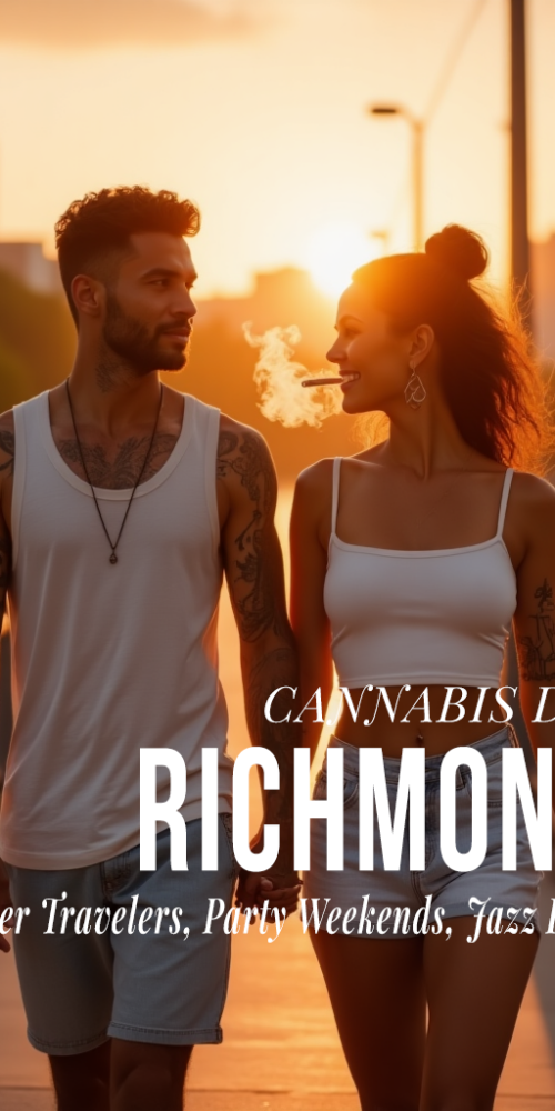 Young fit couple with tattoos walking hand-in-hand on a Richmond, Virginia bridge at sunset. Woman smoking a cannabis joint. Cannabis lifestyle imagery for Exotic Blooms RVA.
