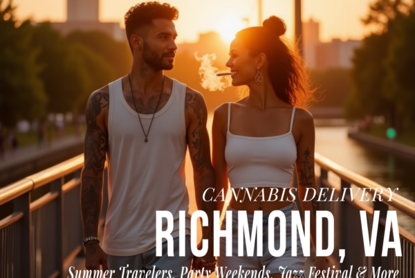 Young fit couple with tattoos walking hand-in-hand on a Richmond, Virginia bridge at sunset. Woman smoking a cannabis joint. Cannabis lifestyle imagery for Exotic Blooms RVA.